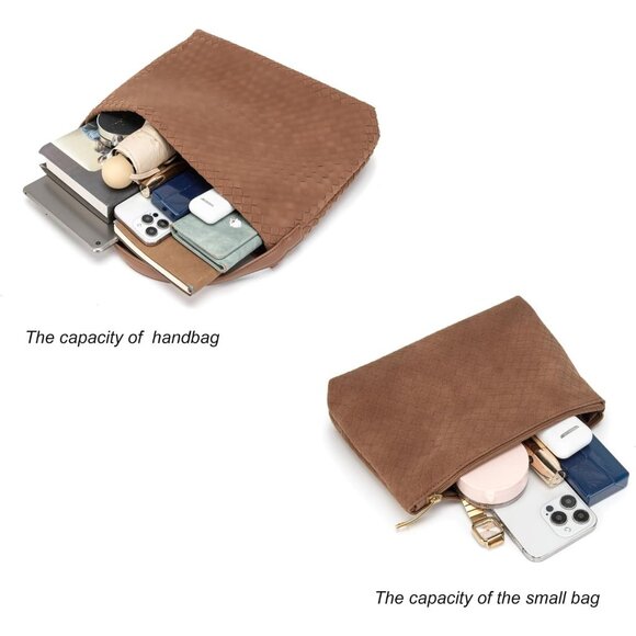 Practical Brown Woven Suede Handbag with Magnetic Closure & Clutch - 13.4x4x10.3 - Picture 6 of 6